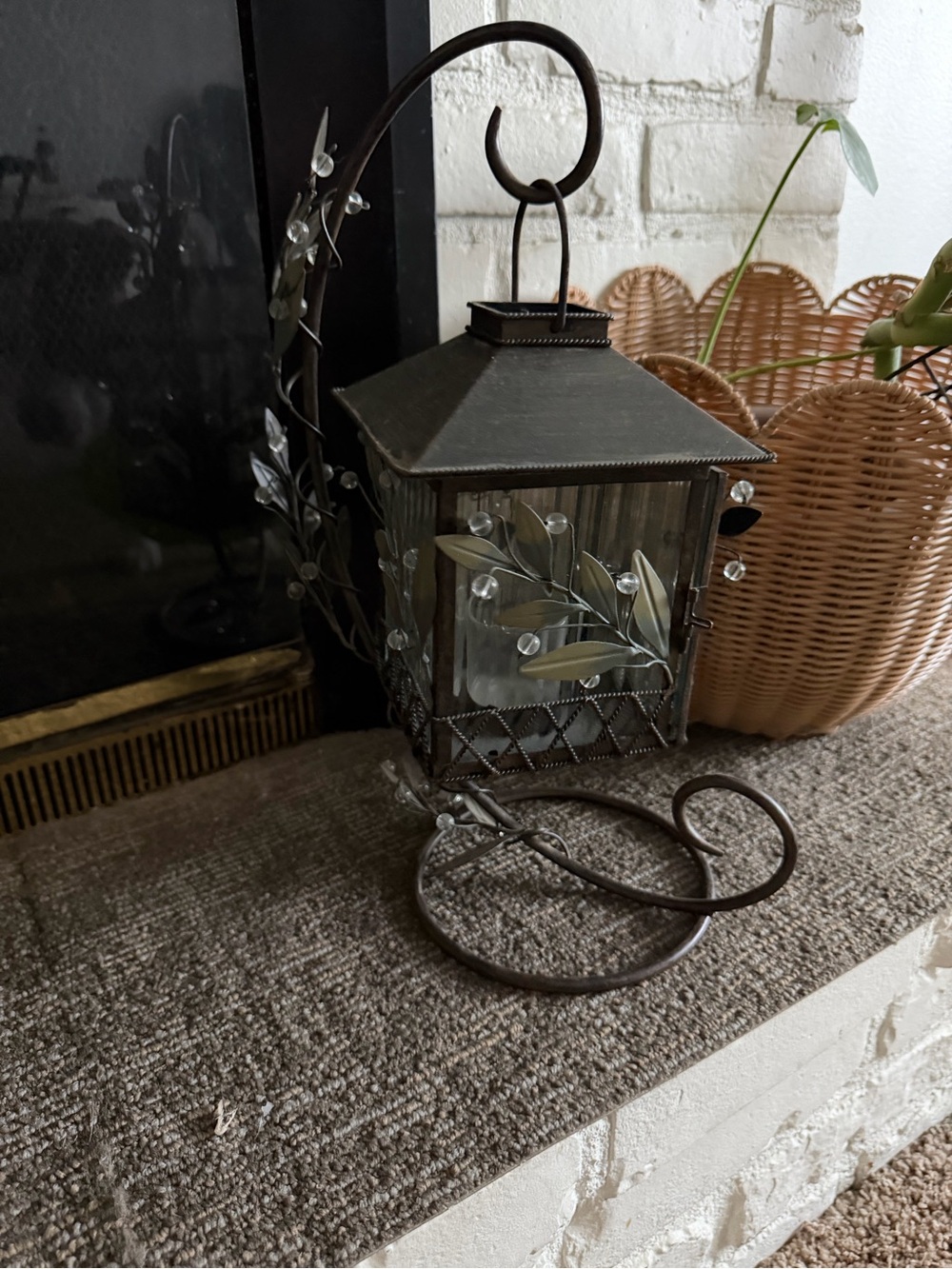 Rustic Brown Metal & Glass Lantern with Leaf Motif
